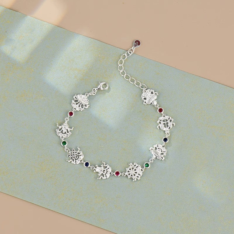 吉祥八宝藏式S925纯银镀金复古吉祥手链女款小众镀黄金带绳手链