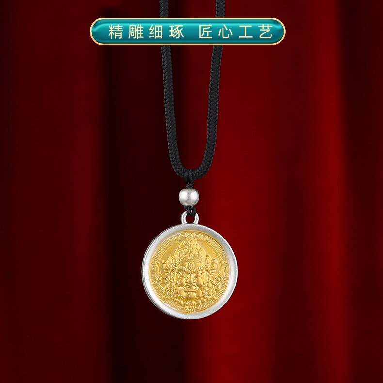 藏式s99足银黄财神佛像吊坠民族风双面复古项坠男女纯银财神吊坠