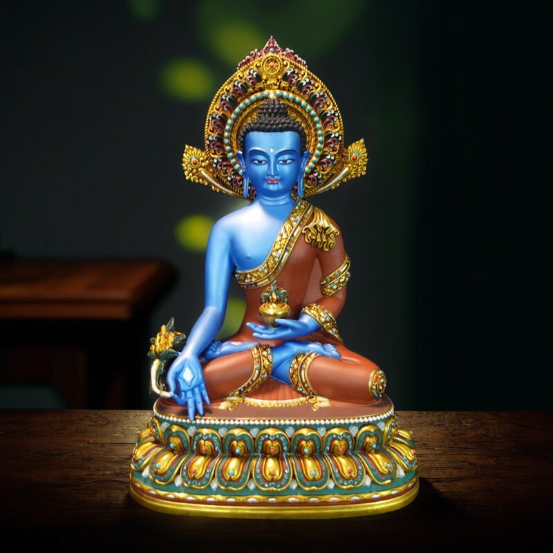 藏式纯铜药师佛佛像尼泊尔工艺彩绘药师佛佛像藏密宗手工錾刻家用