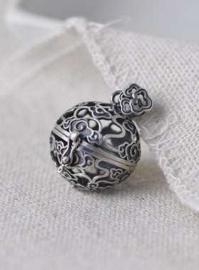 藏式纯银S925银复古工艺银香囊球吊坠女款开口祥云花香薰项链坠