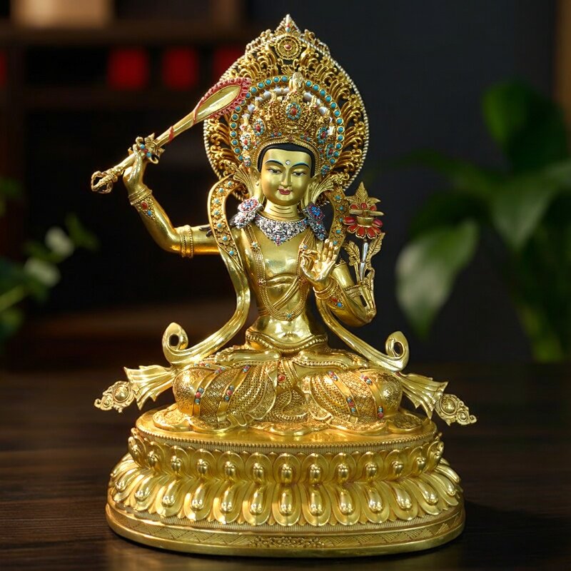 藏式纯铜文殊佛像尼泊尔工艺藏传密宗尼泊尔金文殊纯铜手工摆件