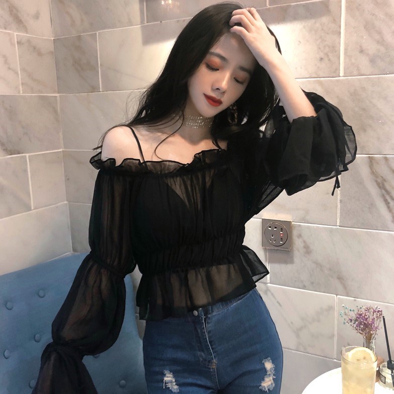 2019春装新款chic一字领露肩衬衫喇叭长袖宽松防晒雪纺衫上衣女装|msdalam kategori Butik wanita / wanita, baju lace/baju chiffon - dari Buy2taobao.com untuk memberikan perkhidmatan ejen Taobao profesional membeli