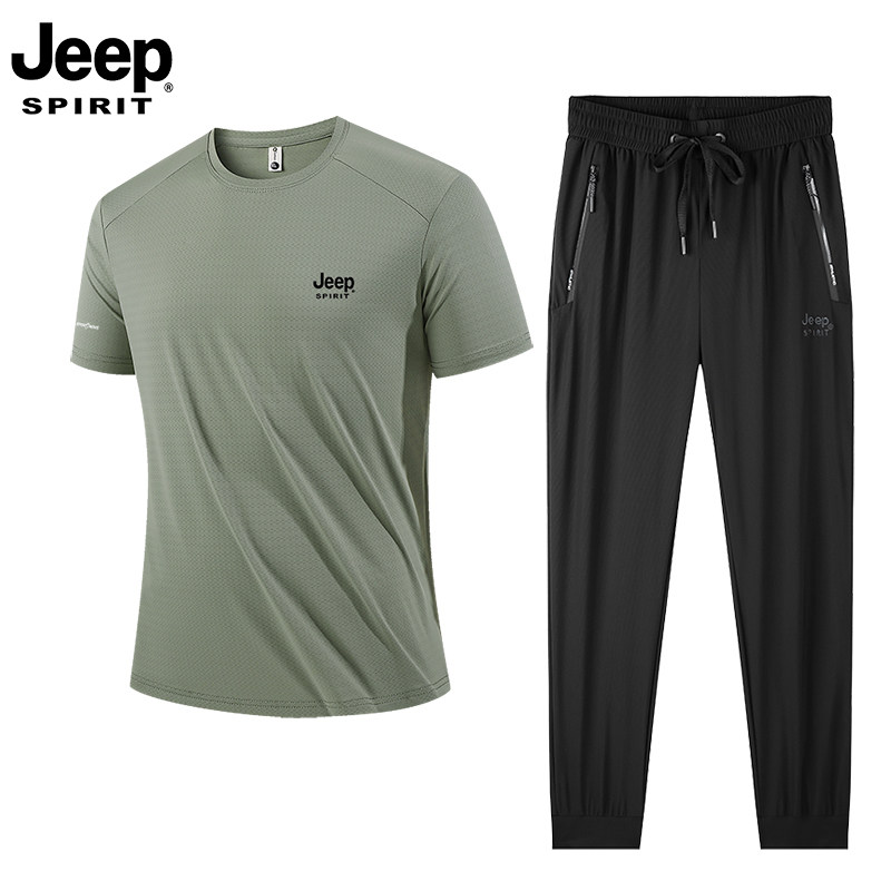 JEEP SPIRIT男士短袖体恤夏季冰丝速干长裤运动裤套装健身两件套