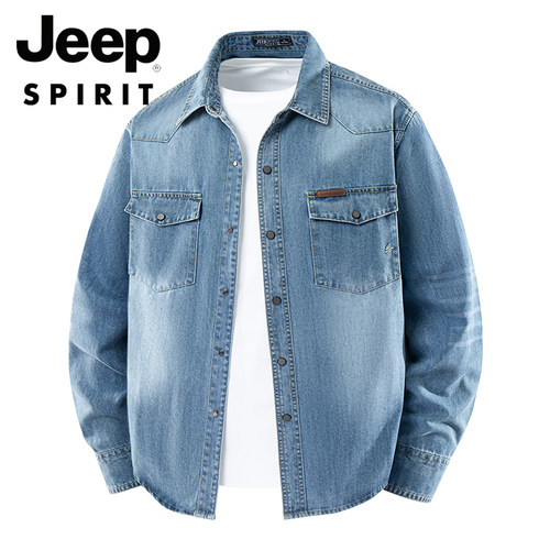JEEPSPIRIT美式复古牛仔衬衫男