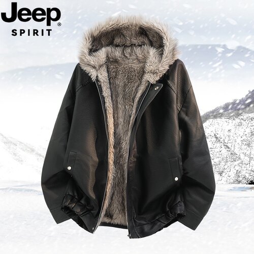 JEEP吉普正品座山雕加绒PU皮衣男