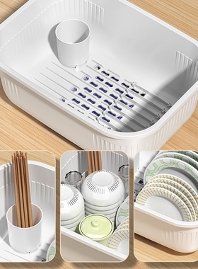 厨房碗碟碗盘收纳架盘子沥水碗架放碗餐具盒带盖碗柜小号-浅蓝色