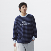 UHUZZ 25AW字母印花拼色条纹长袖 情侣日系复古宽松休闲圆领T恤男