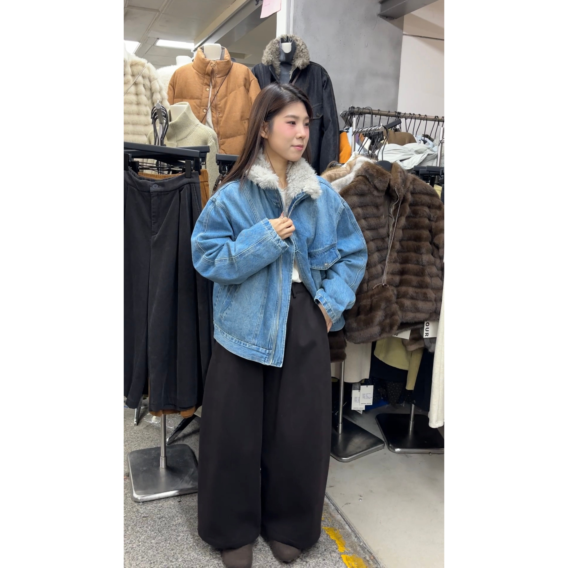 U粒-韩系毛毛领牛仔棉服外套薄棉衣/棉服