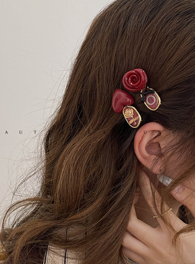 FUNCOCO｜法式复古红~玫瑰花朵短款前额碎发刘海发夹气质侧边夹女