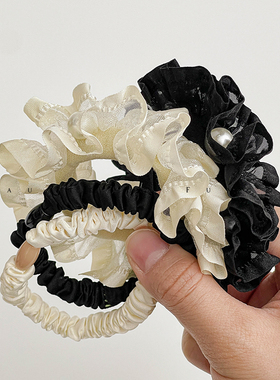 FUNCOCO｜不伤发无痕发圈~珍珠欧根纱高端新款2025黑色马尾绳皮筋