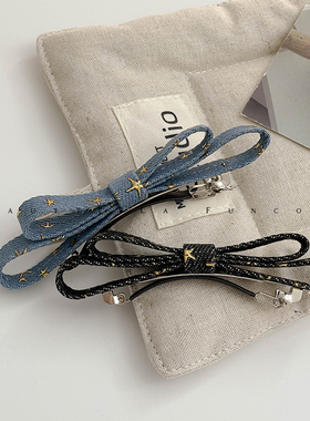 FUNCOCO｜盐系小俏皮~牛仔蓝色蝴蝶结耳边刘海发夹侧边一字弹簧夹