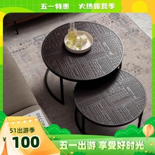 北欧实木雕刻茶几简约现代圆形小户型复古比利时铁艺表情家用边几
