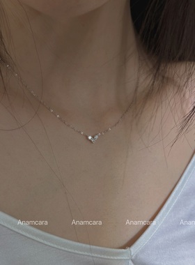 Anam银镀白金莫桑石项链mini满钻爱心简约通勤超闪可爱心形锁骨链