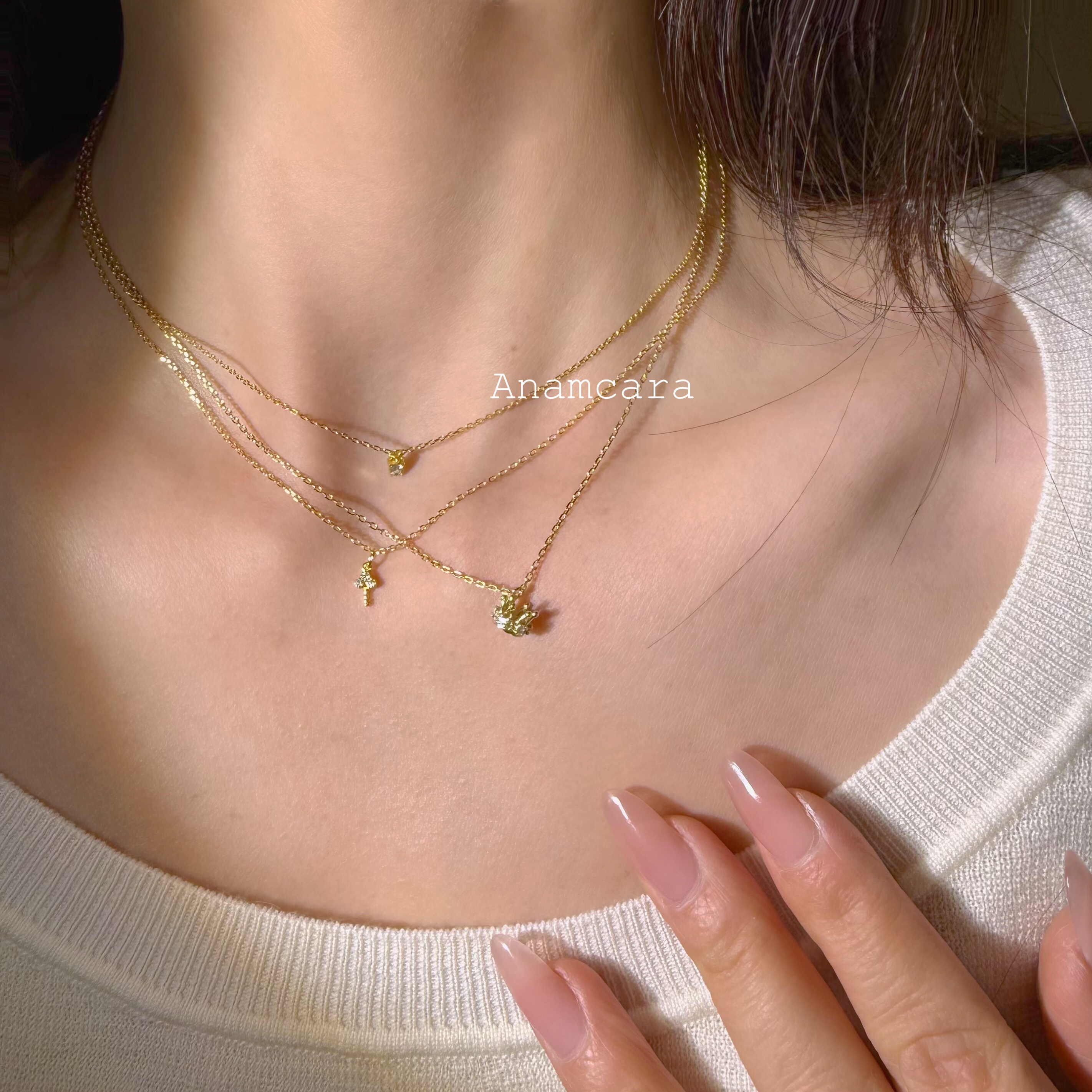 Anam1.5日本银镀K金5A锆石极细项链钥匙香水瓶皇冠mini吊坠锁骨链