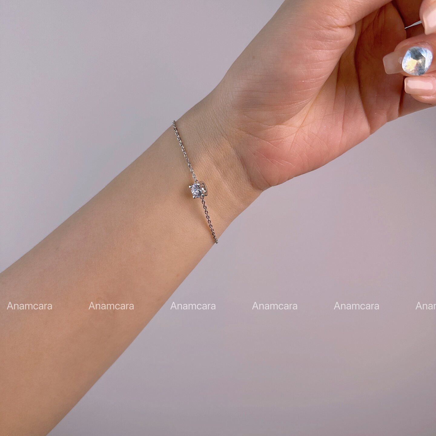 Anam高级珠宝单钻银镀真白金一颗钻牛角钻超闪细手链女叠戴不掉色