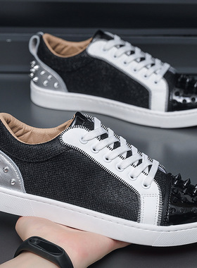 新款现货精神小伙 男士板鞋 黑色休闲时尚铆钉潮流韩版溜子鞋L008