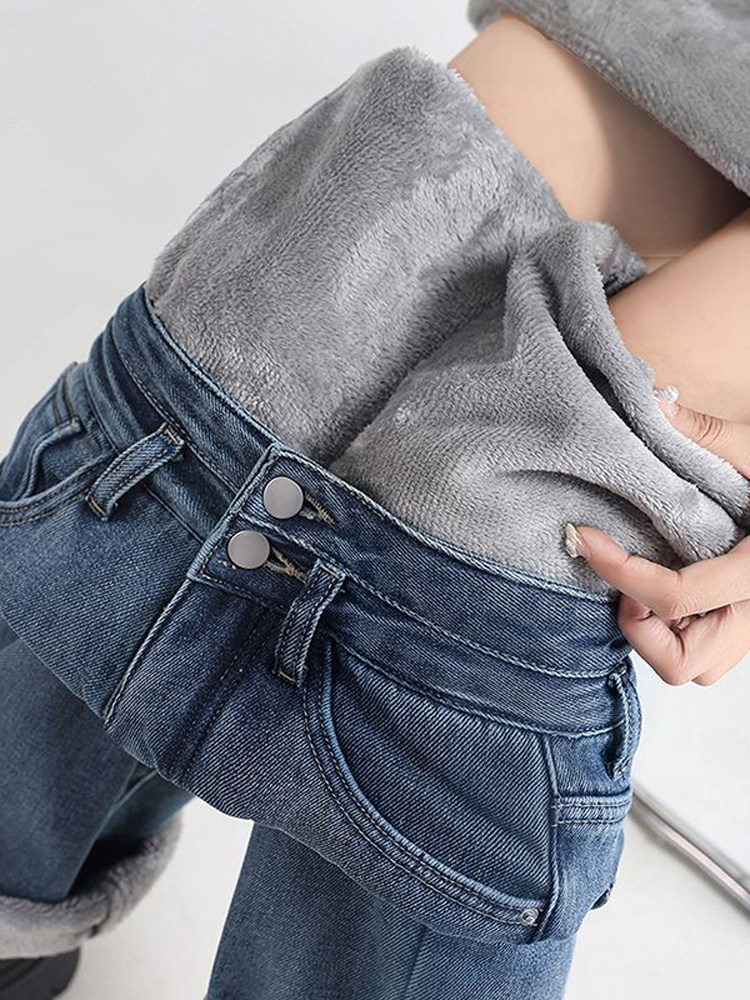 VINTAGE PLUSH THICK JEANS WOMENS AUTUMN AND WINTER NEW HIGH-WAISTED SLIM LOOSE STRAIGHT MOP NARROW WIDE-LEG PANTS