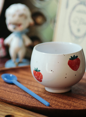 250ML伍杯手绘红色复古清新草莓矮圆杯咖啡杯水杯手工粗陶日式