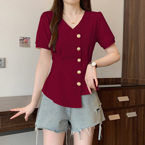 2026夏装新款胖mm大码女设计感不规则收腰显瘦短袖T恤