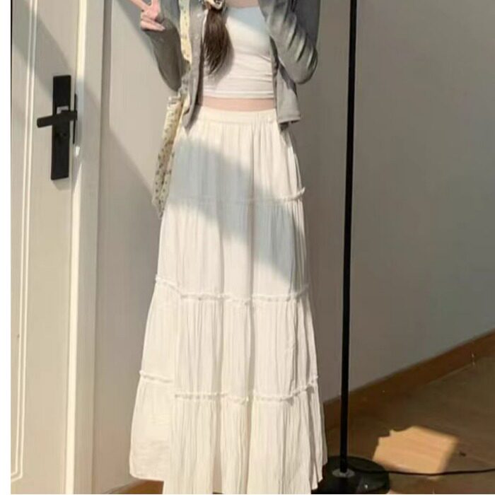 白色半身裙女高腰夏季中长款a字芭蕾风蓬蓬蛋糕裙子