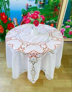 手工刺绣拼万缕丝拼玻璃纱圆桌布.180*180cm