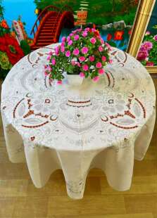 手工刺绣纯亚麻刁绣平绣扣锁抽絲圆桌布.180*180cm