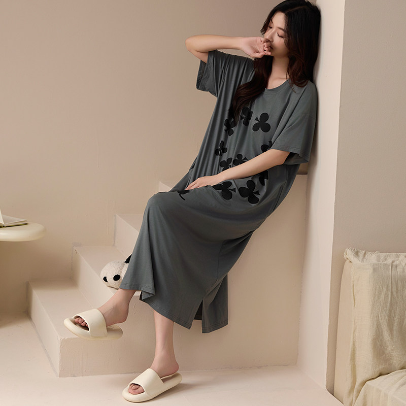 带胸垫宽松大码女款2025短袖莫代尔棉睡裙可外穿夏季加长款睡衣裙