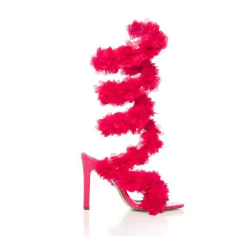 欧美跨境外贸时尚露趾缠绕绑带细高跟凉鞋花朵露趾一字后空凉鞋女