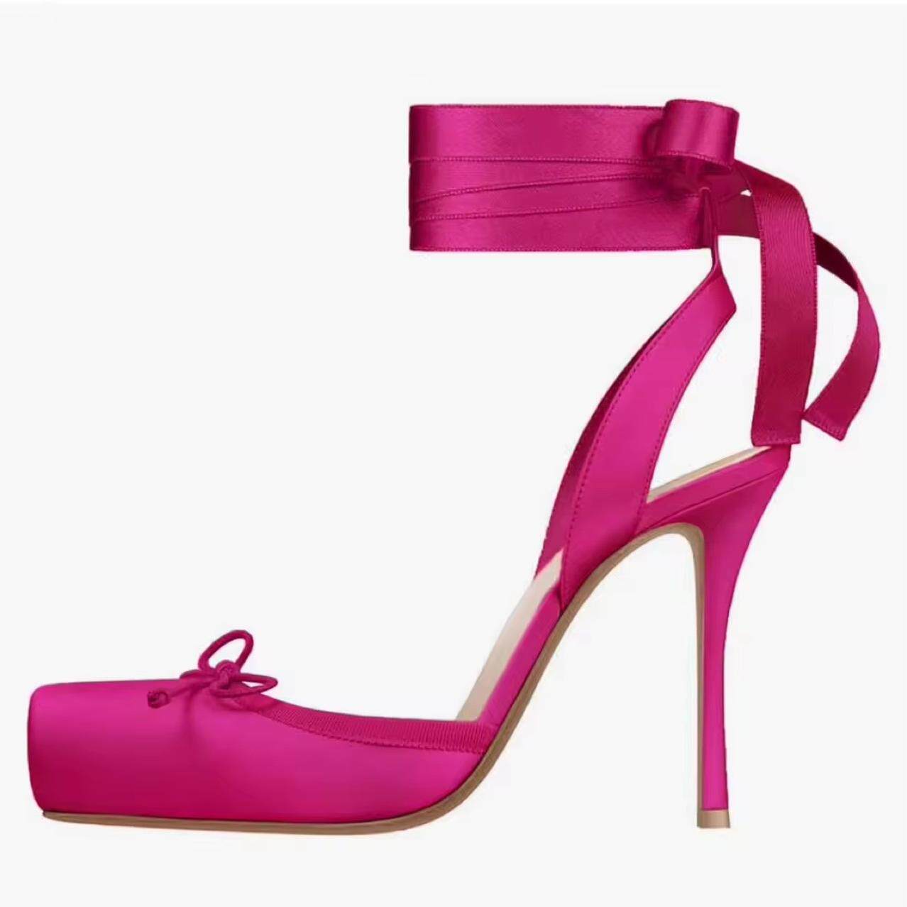 欧美外贸方头蝴蝶结细高跟凉鞋真丝绸缎面包头后空脚腕绑带芭蕾鞋