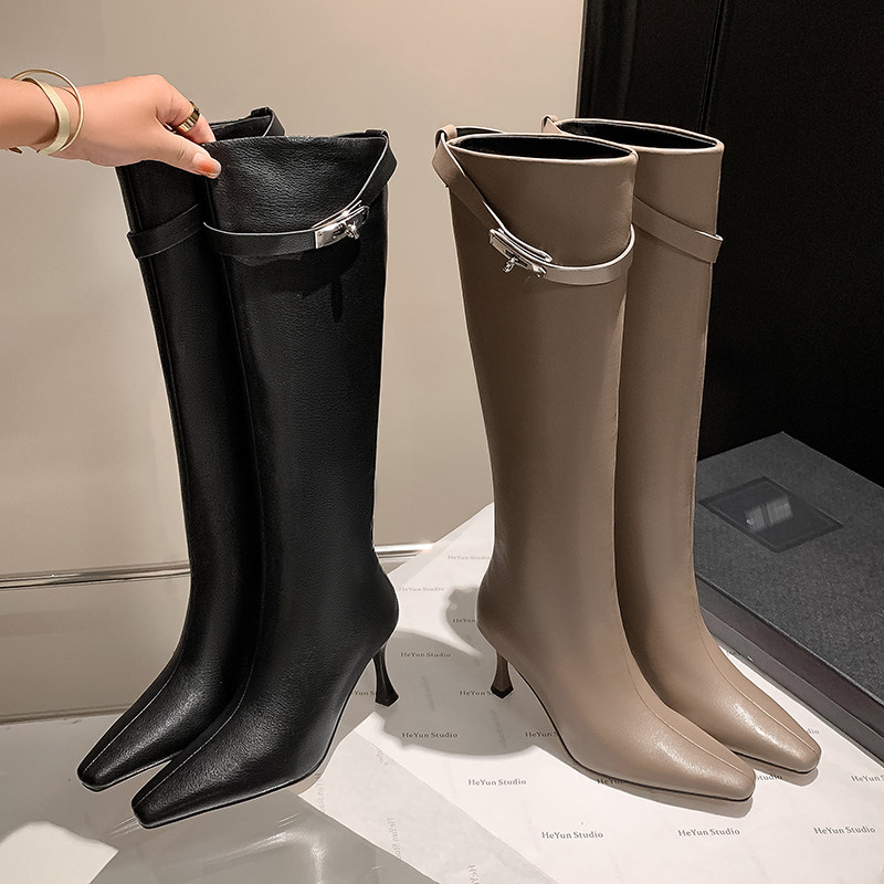 欧美外贸金属锁扣方头真皮骑士靴皮带扣头层牛皮套筒细高跟时装靴