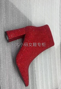 欧美外贸粗跟水钻红色新娘高跟婚靴尖头满钻婚纱照短靴演出时装靴