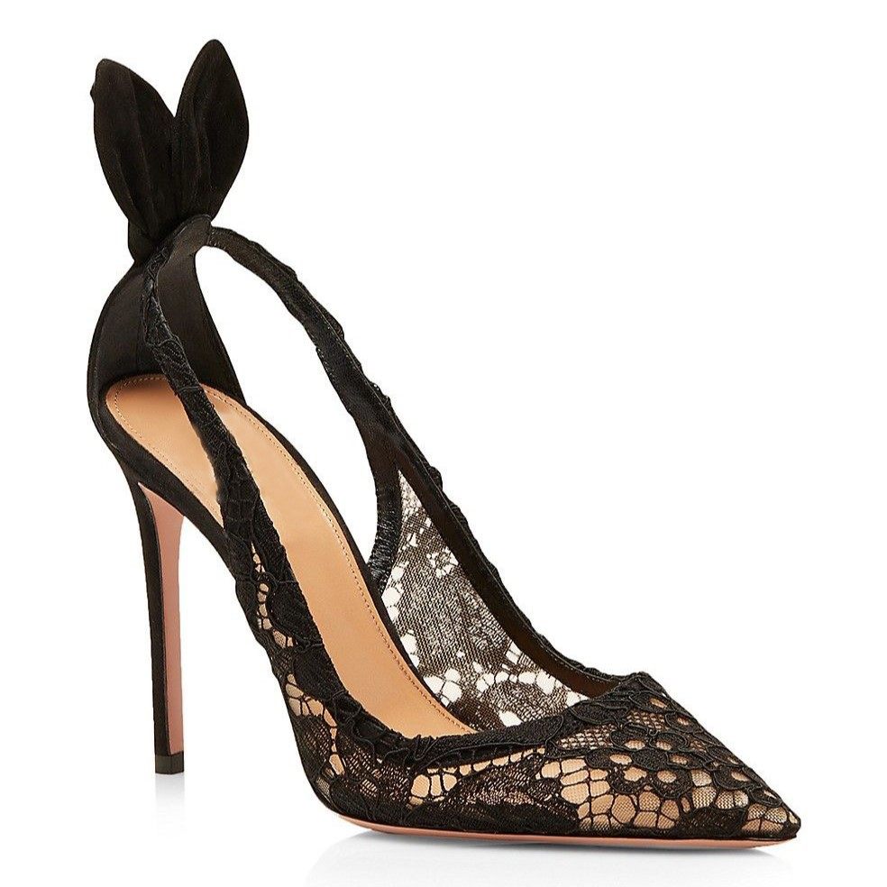 欧美外贸尖头包头黑色蕾丝单鞋细高跟鞋兔子耳朵43大码侧空女凉鞋