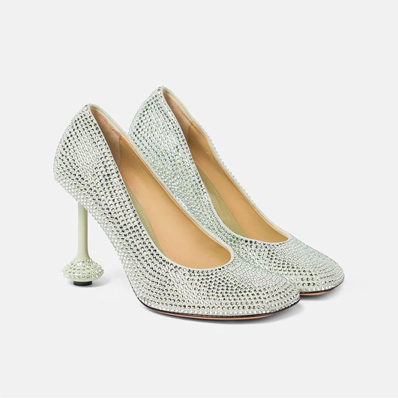 欧美外贸春绒面烫钻圆头异形跟高跟鞋水钻满天星走秀大码网纱单鞋