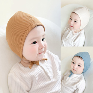 韩版新生儿帽子莱赛尔棉系绳婴儿瓜皮帽宝宝秋冬季防风保暖囟门帽