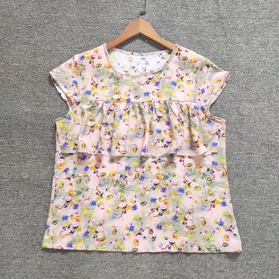 加肥 棉绸碎花上衣女人造棉短袖 夏季 防走光居家服睡衣薄款 外穿衬衫