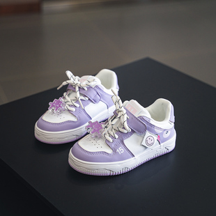 透气儿童鞋子男童板鞋女童休闲鞋2024春秋新款鞋带装饰皮面小孩