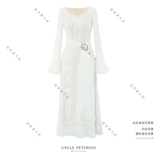 羽毛装 彼得潘大叔 蕾丝面料V领喇叭袖 法式 饰连衣裙 一念白
