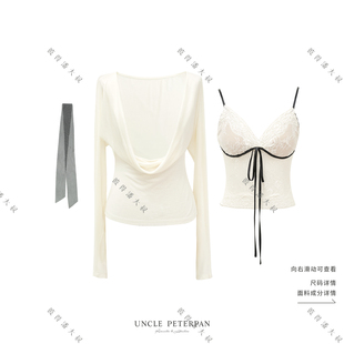 爱 上衣搭配蕾丝修身 告白 荡领设计长袖 胸衣 法式 彼得潘大叔