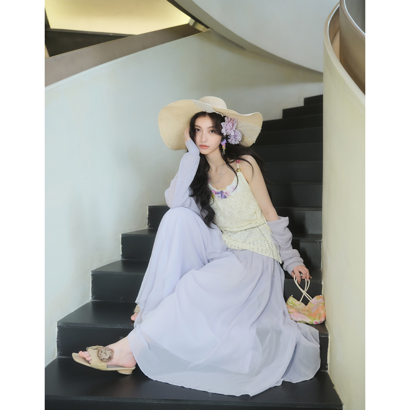 彼得潘大叔《迷迭香》法式立体花装饰吊带针织衫上衣弹力腰阔腿裤