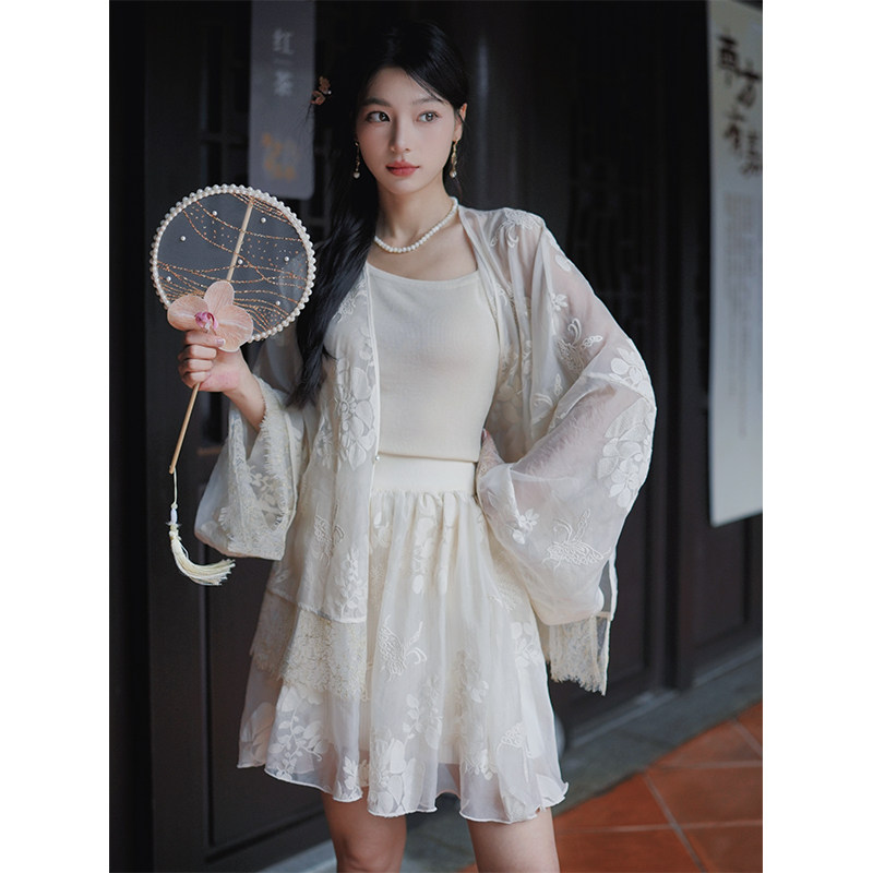 彼得潘大叔《玉霜春杪》乔其纱针织衬重工刺绣长短款半裙仙气罩衫
