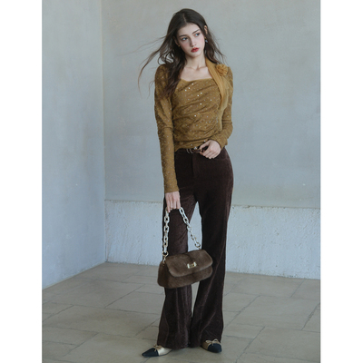 彼得潘大叔《凡尔赛黄昏》提花珠片绣内里毛绒上衣显高修长喇叭裤