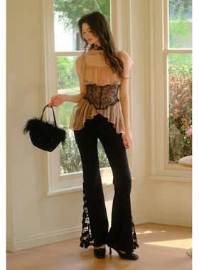 彼得潘大叔《渎神玫瑰》波浪边蕾丝装饰上衣蕾丝料拼接气质喇叭裤