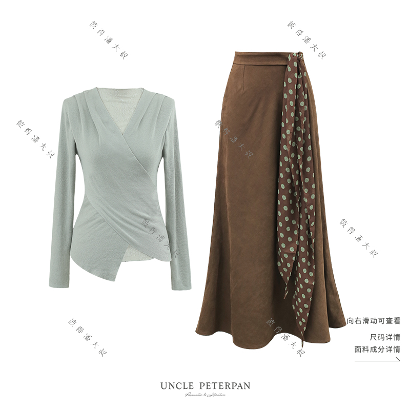 彼得潘大叔《十月客》假两件蕾丝装饰修身针织上衣气质优雅半裙