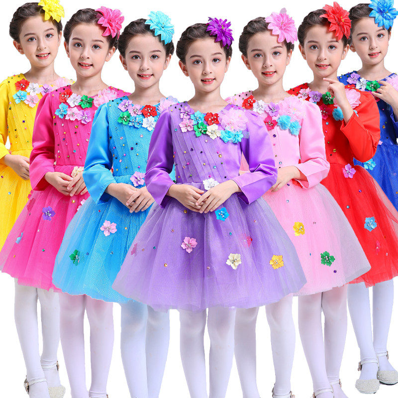 新款花仙子长袖儿童演出服公主裙蓬蓬纱裙中小学生女童舞蹈连衣裙