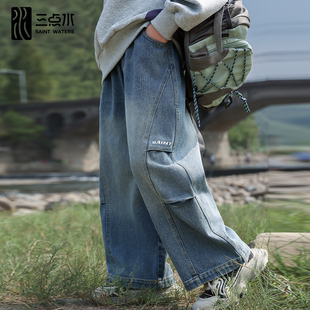 三點(diǎn)水親子裝 子春秋外穿闊腿寬松復(fù)古顯瘦直筒牛仔長(zhǎng)褲 男童女童褲