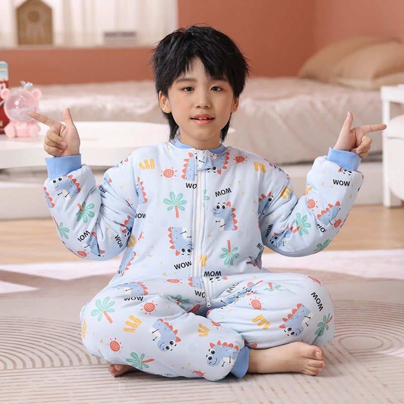 儿童连体睡衣秋冬纯棉加厚夹棉保暖无骨女童防踢被拉链中大童睡袋
