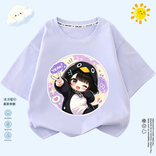 夏季女童可爱咕咕嘎嘎小企鹅半袖衣儿童圆领短袖上衣服打底体恤衫