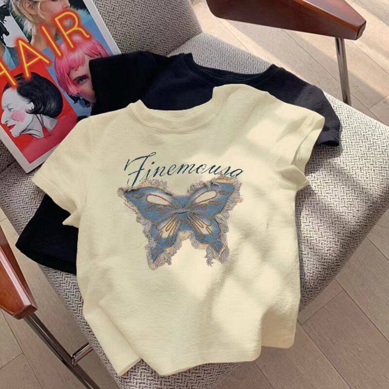 女童蝴蝶短袖T恤夏季新款卡通印花童装宝宝半袖洋气上衣泳