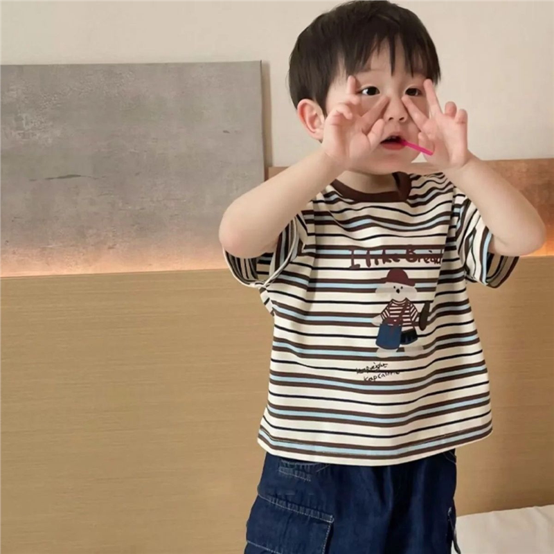 儿童夏季洋气撞色拼接条纹短袖