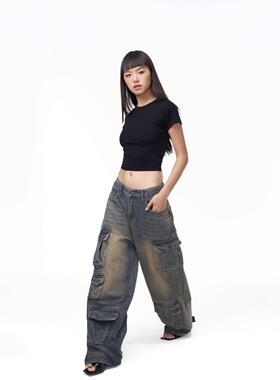 Not Bad重工做旧大口袋美式复古中腰牛仔裤女春夏新品宽松拖地裤